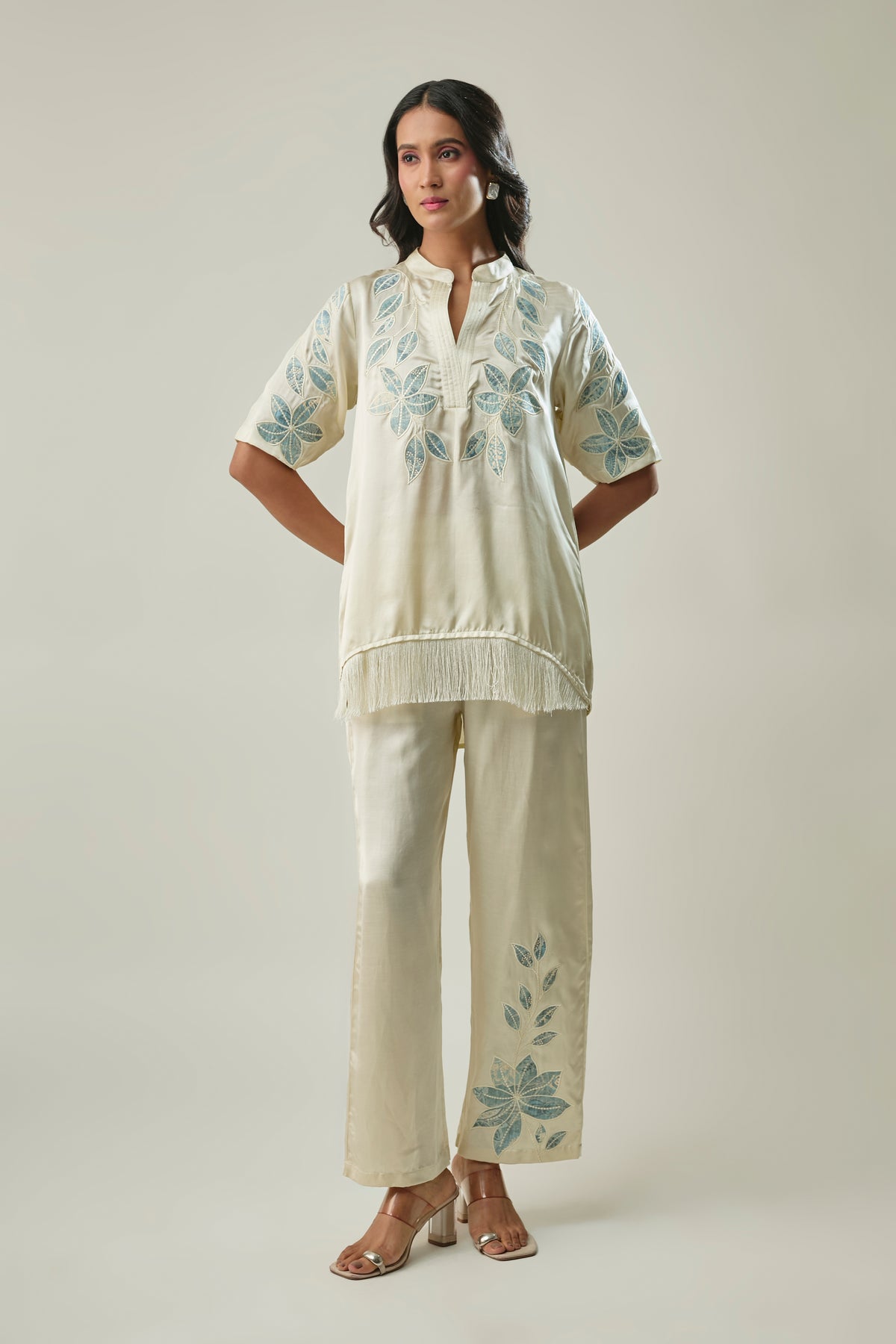 Ivory satin linen co-ord set front view