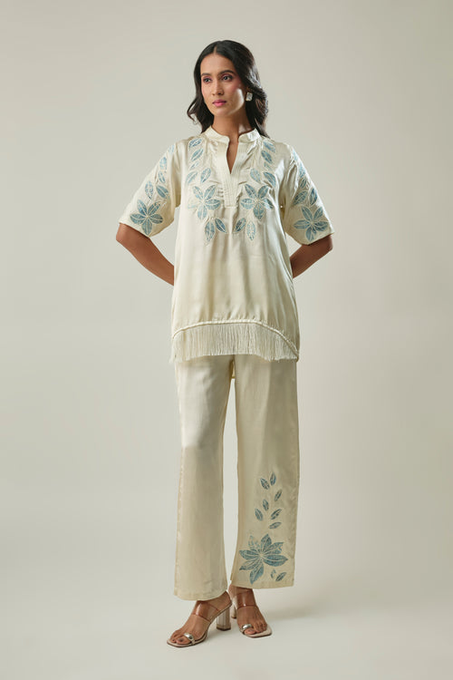 Ivory satin linen co-ord set front view