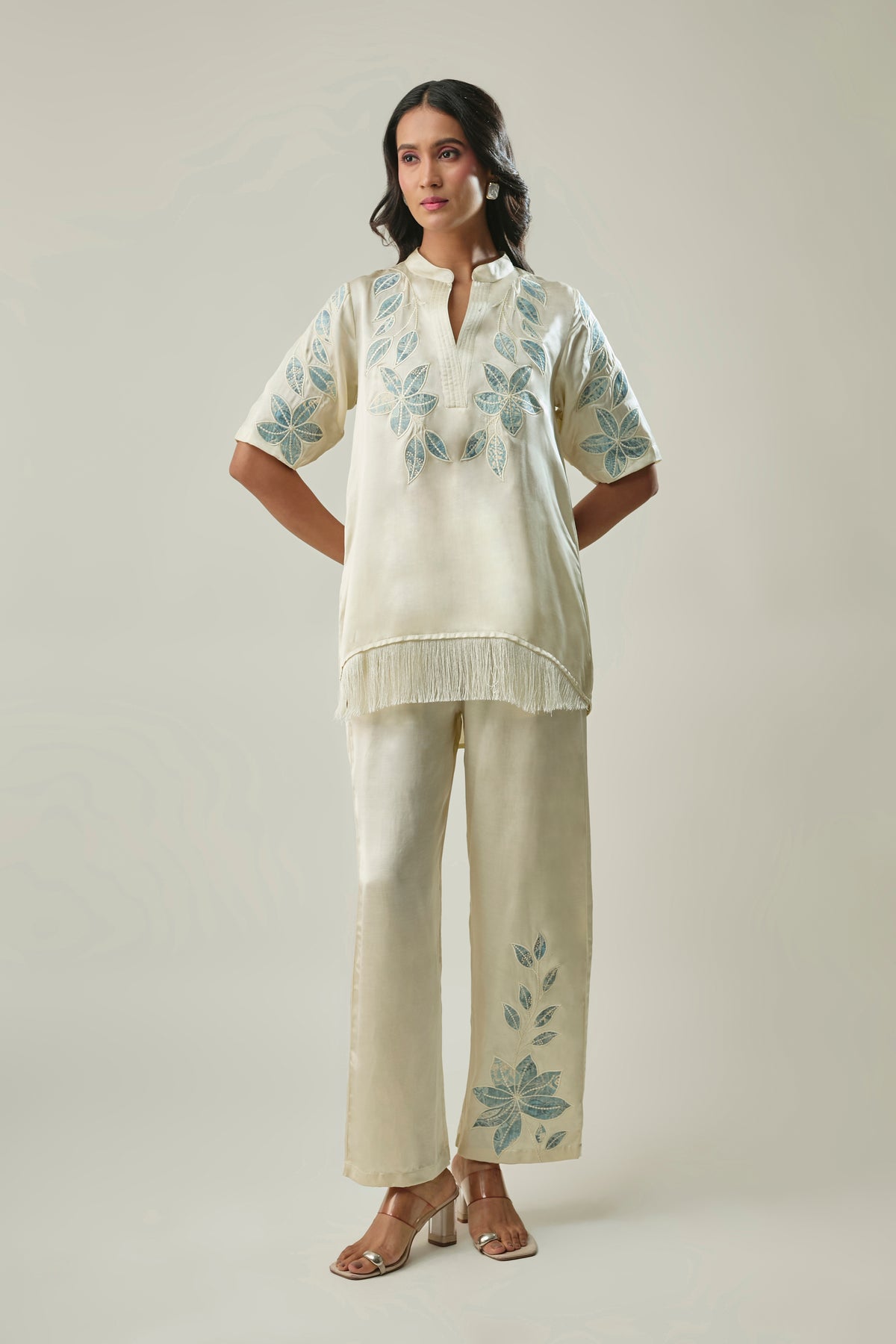 Ivory Satin Linen Co-ord Set with Blue-Grey Floral Appliqué
