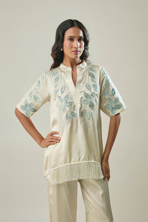 Ivory co-ord set blue-grey floral appliqué detail