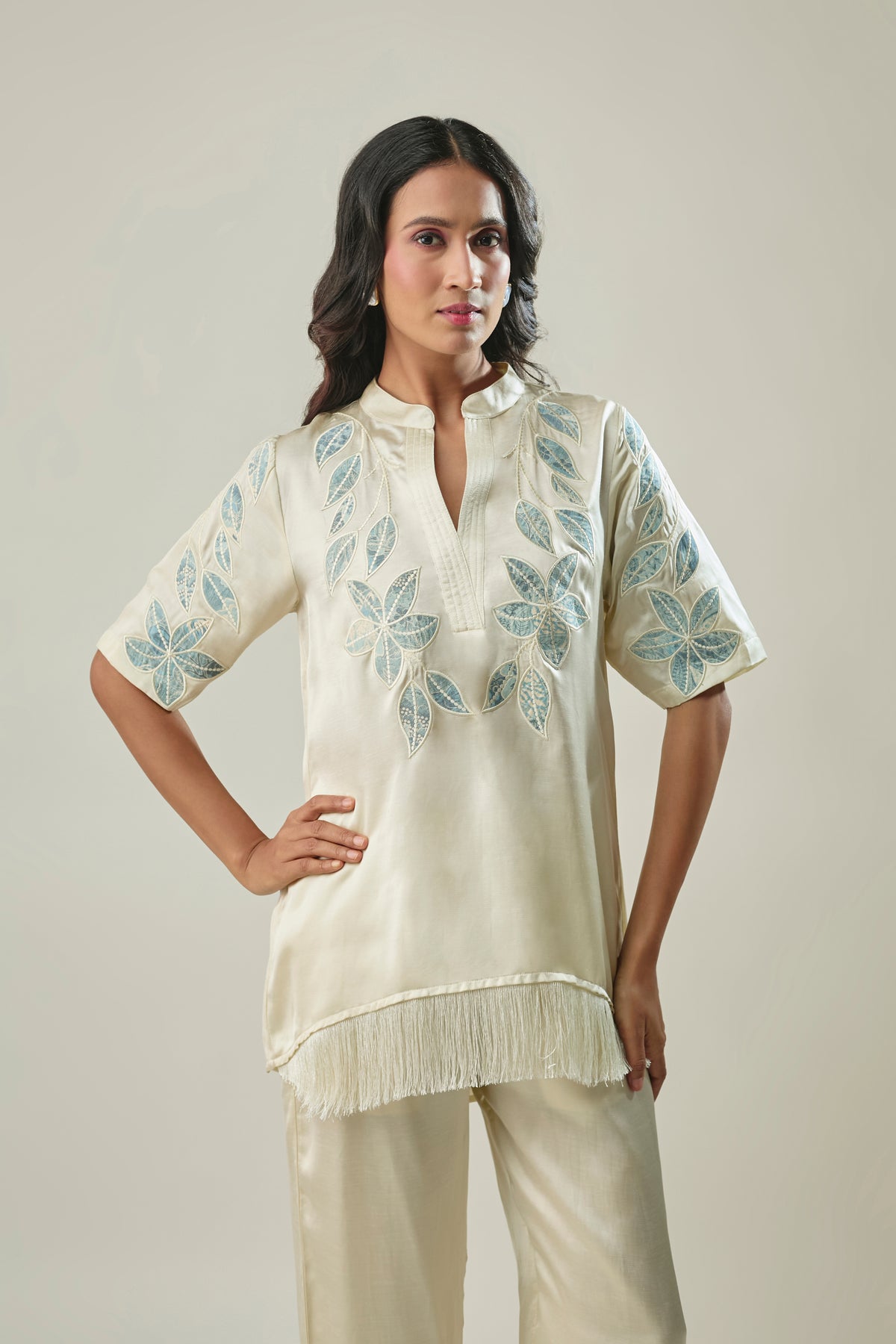 Ivory Satin Linen Co-ord Set with Blue-Grey Floral Appliqué