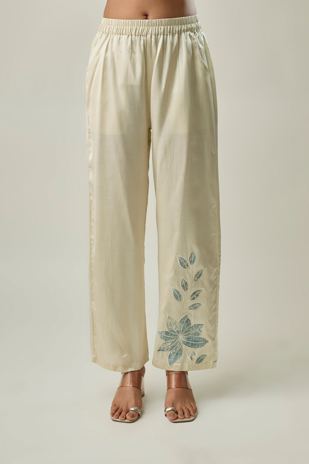 Ivory Satin Linen Co-ord Set with Blue-Grey Floral Appliqué