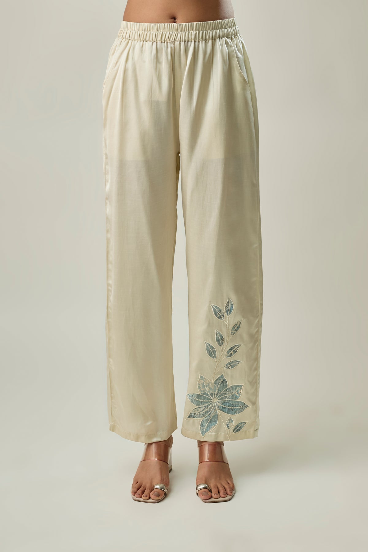 Ivory Satin Linen Co-ord Set with Blue-Grey Floral Appliqué