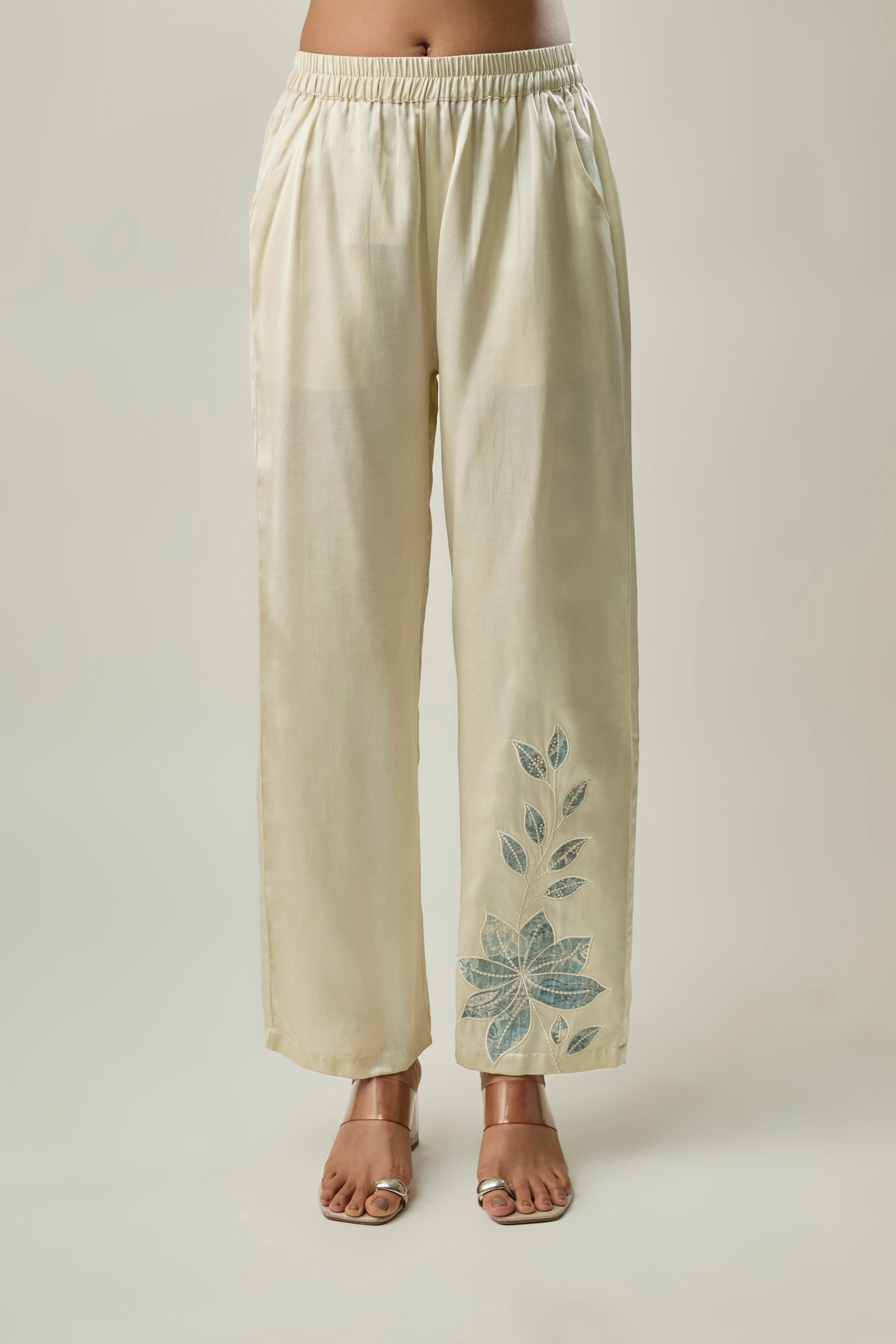 Ivory Satin Linen Co-ord Set with Blue-Grey Floral Appliqué