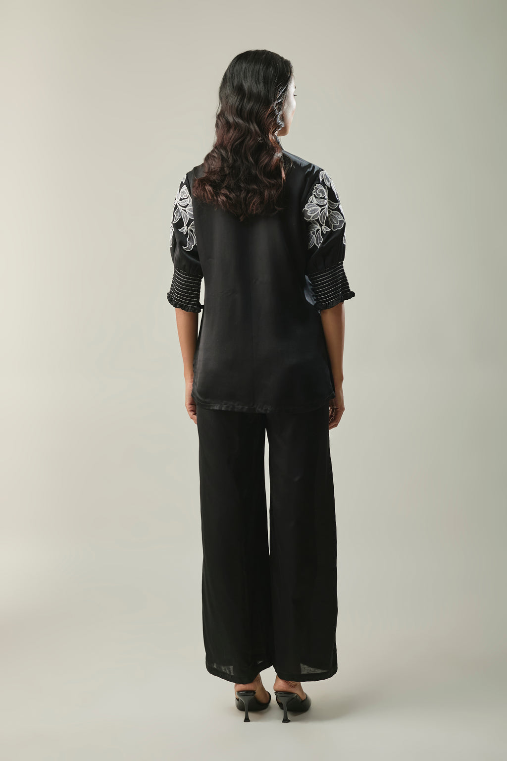 Black Satin Linen Co-ord Set with White Floral Embroidery