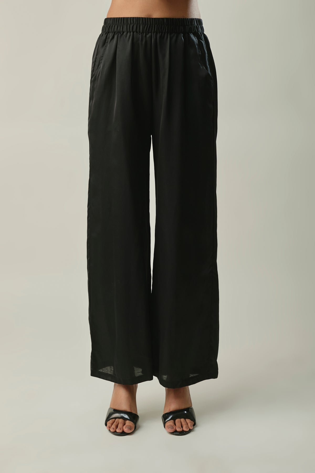 Black Satin Linen Co-ord Set with White Floral Embroidery