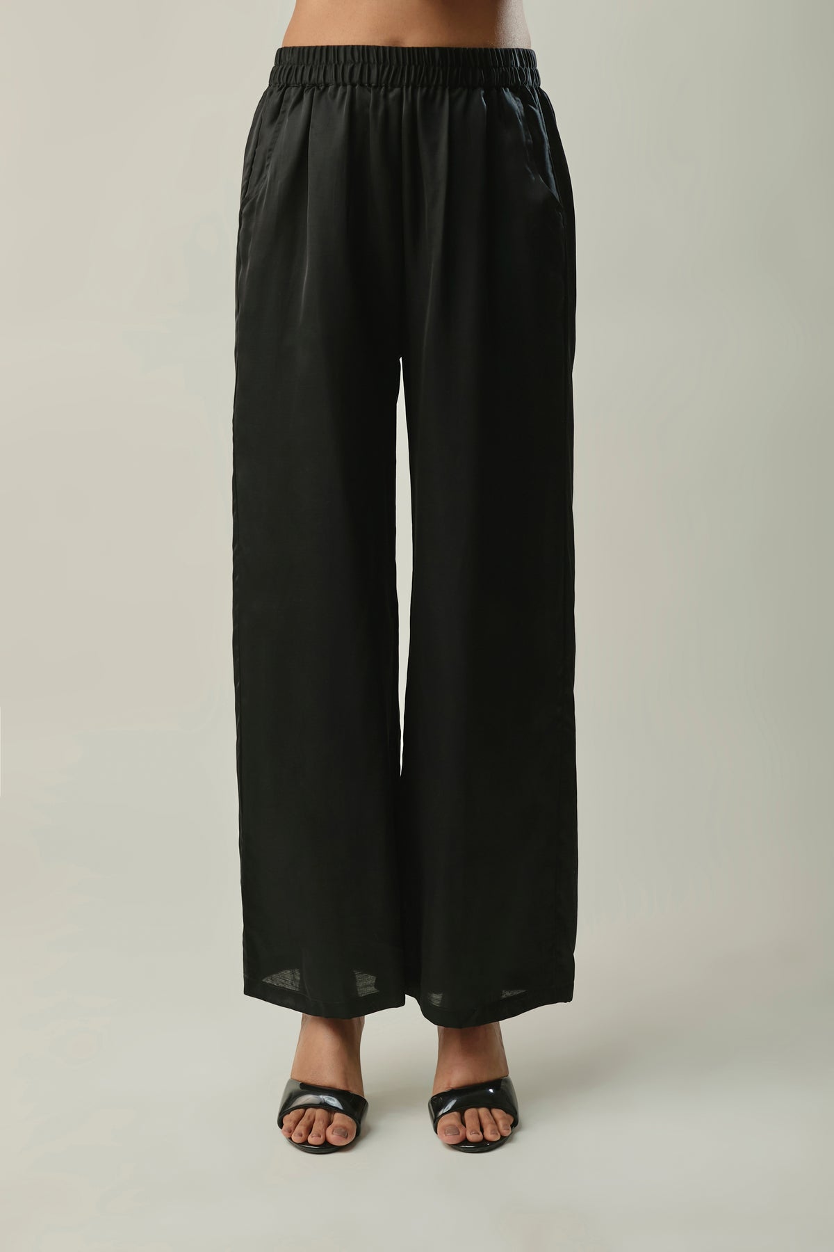 Black Satin Linen Co-ord Set with White Floral Embroidery