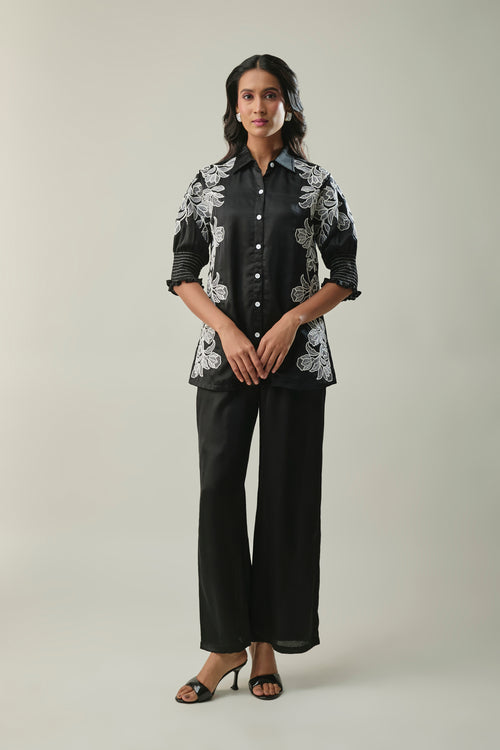 Black Satin Linen Co-ord Set with White Floral Embroidery
