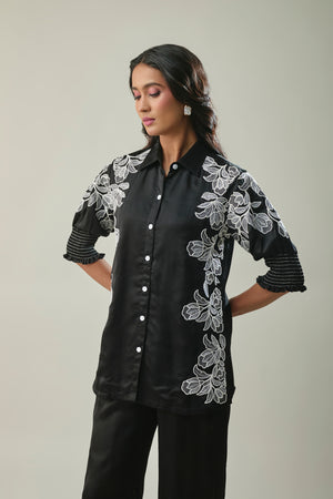 Black Satin Linen Co-ord Set with White Floral Embroidery