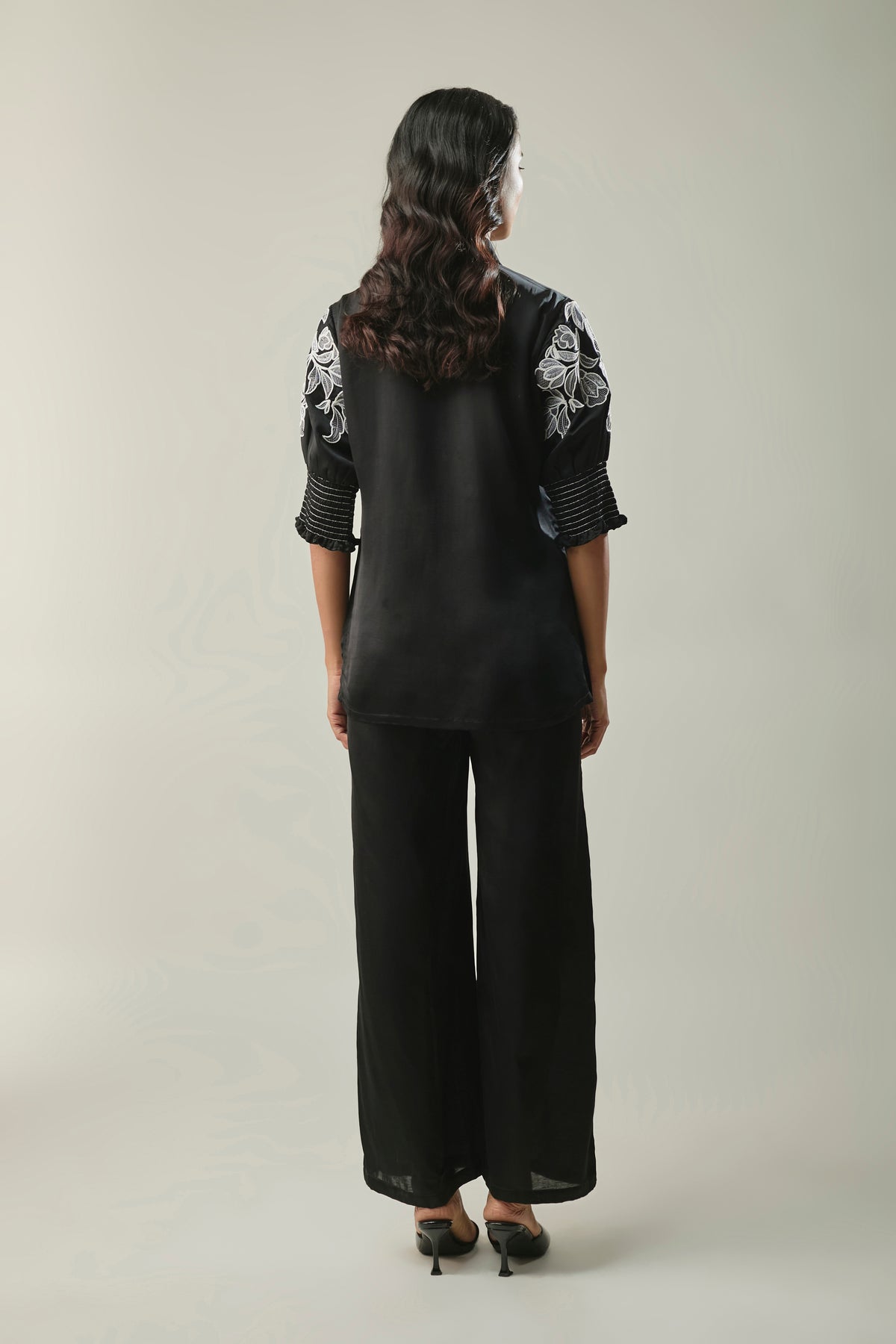 Black Satin Linen Co-ord Set with White Floral Embroidery