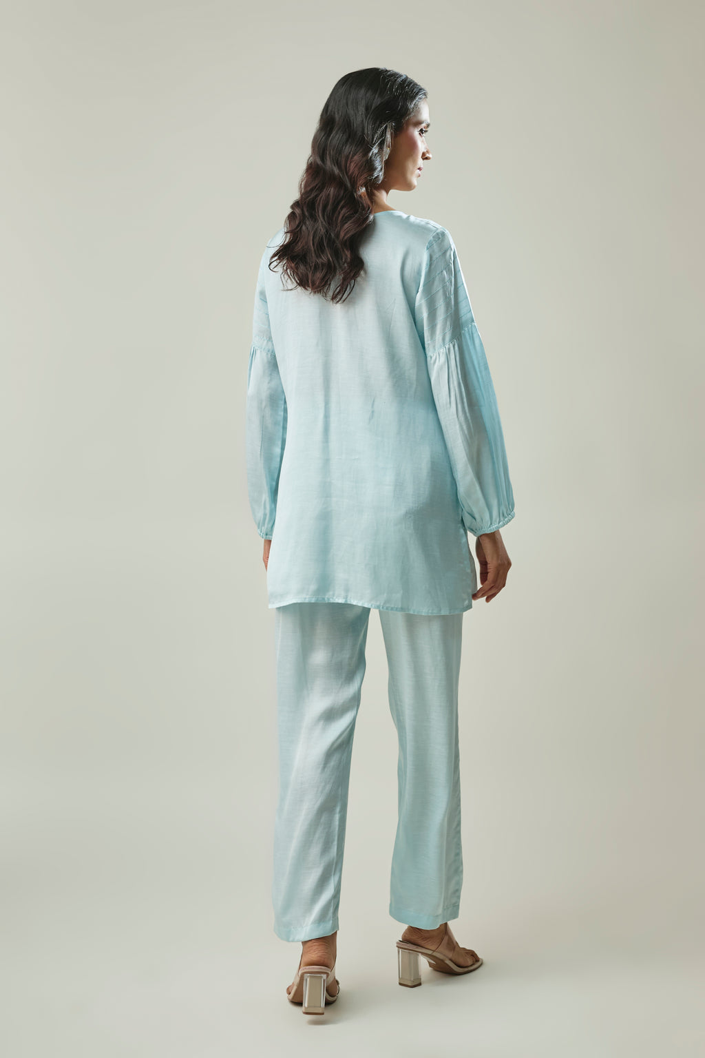 Sky Blue co-ord set beaded floral embroidery detail