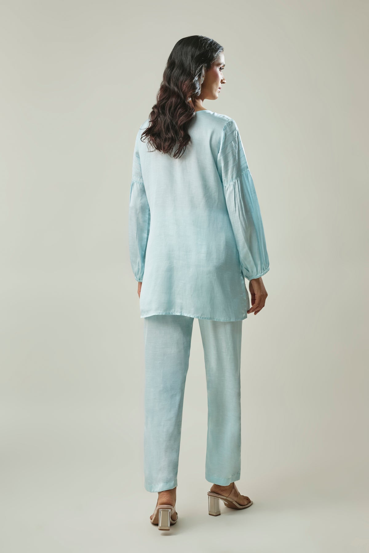 Light Blue Satin Linen Co-Ord Set With Handwork & Embroidery