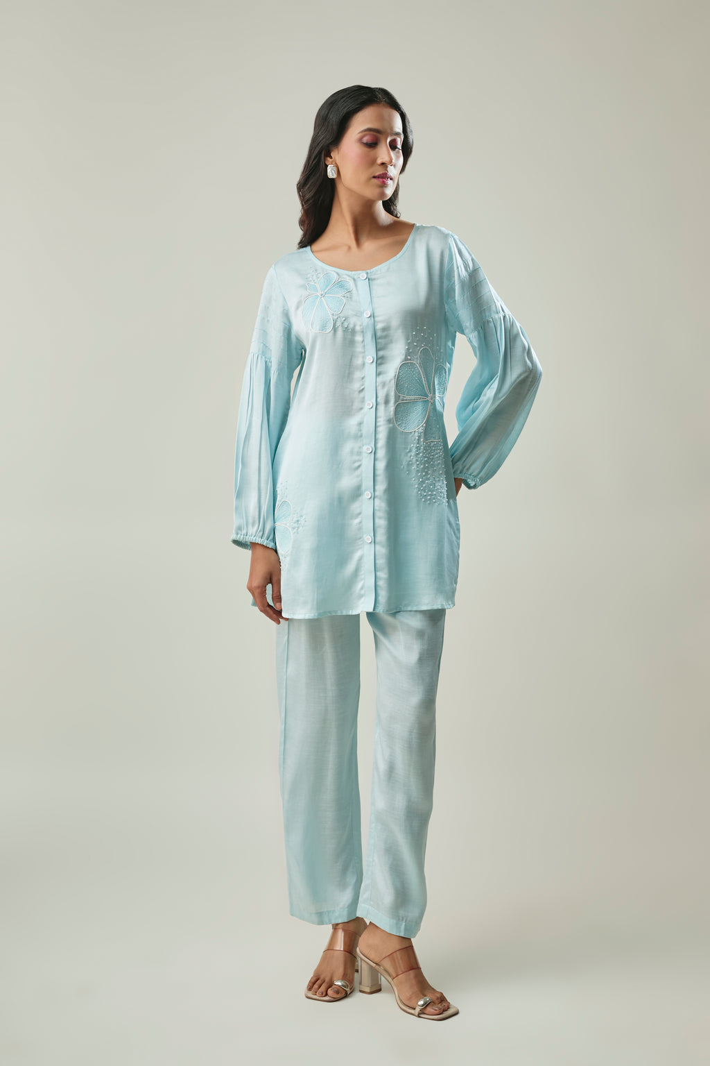 Sky Blue satin linen co-ord set front view