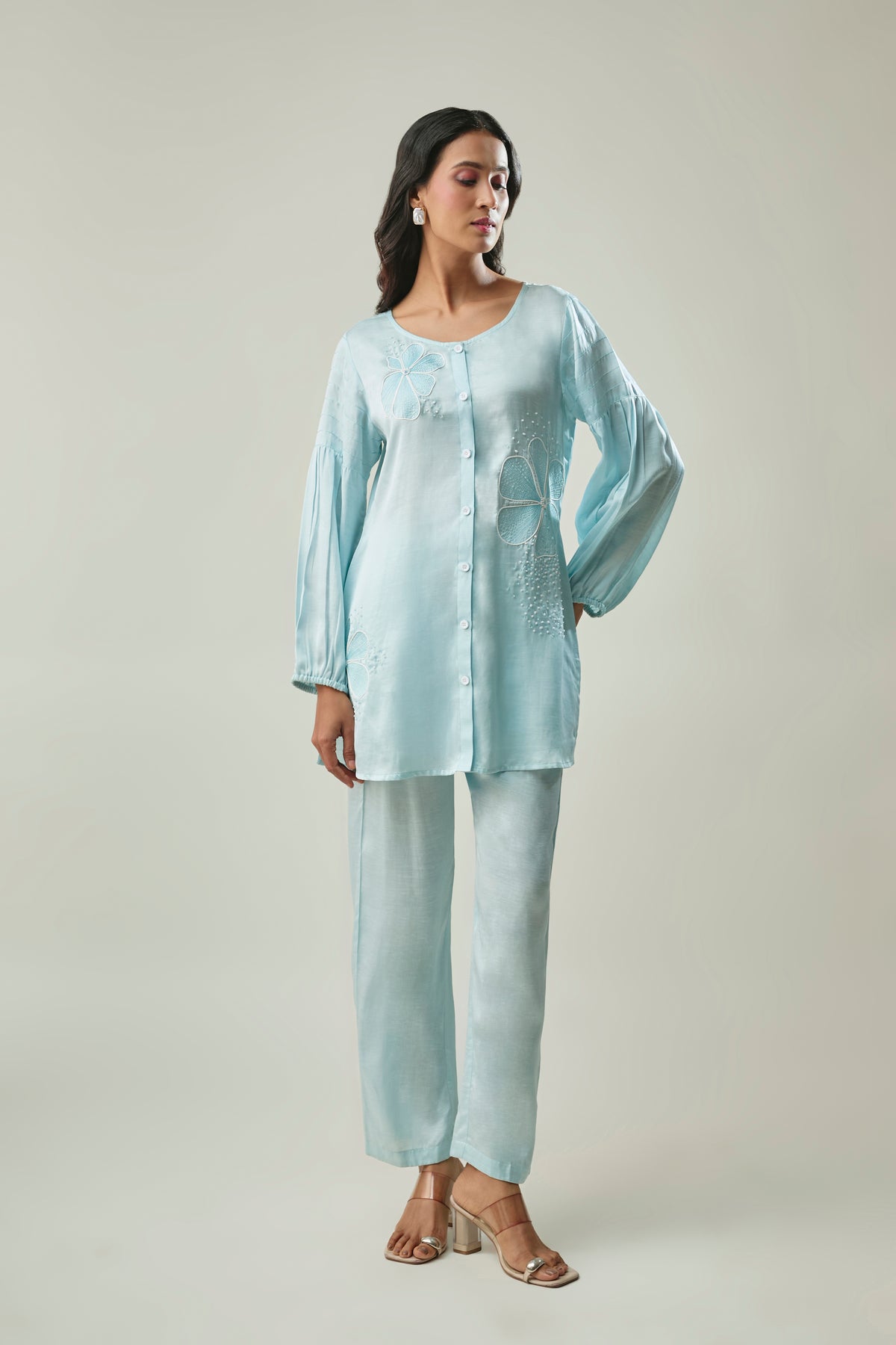 Light Blue Satin Linen Co-Ord Set With Handwork & Embroidery