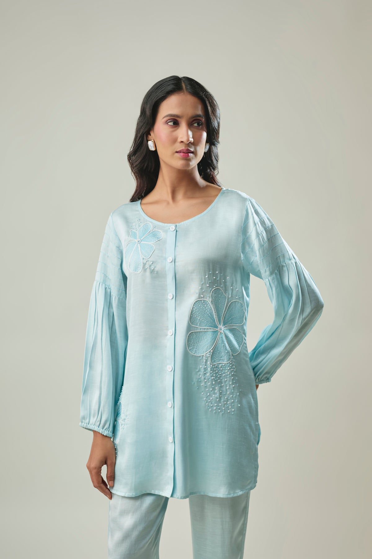 Light Blue Satin Linen Co-Ord Set With Handwork & Embroidery
