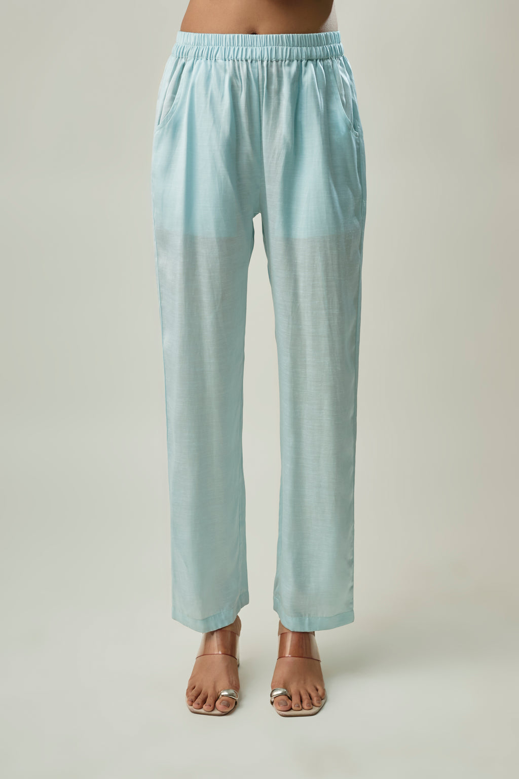 Sky Blue Satin Linen Co-ord Set with Beaded Floral Embroidery