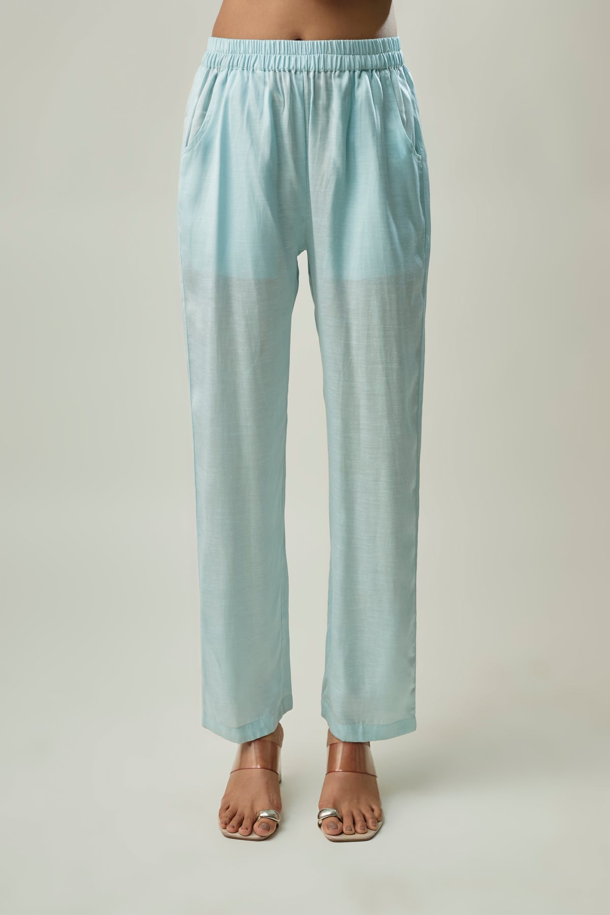Sky Blue Satin Linen Co-ord Set with Beaded Floral Embroidery