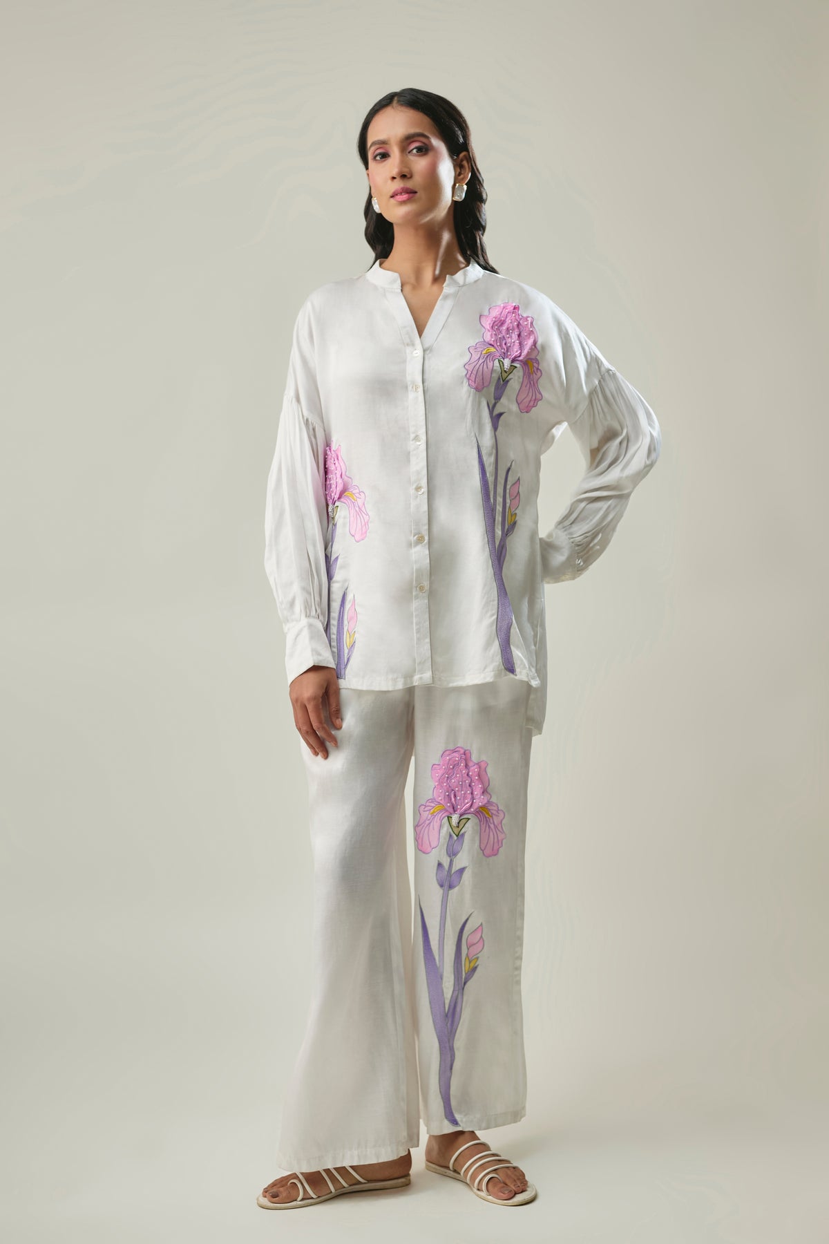 White Colour Satin Linen Co-Ord Set with 3D Flower Patch Embroidery
