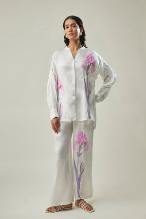 White Colour Satin Linen Co-Ord Set with 3D Flower Patch Embroidery
