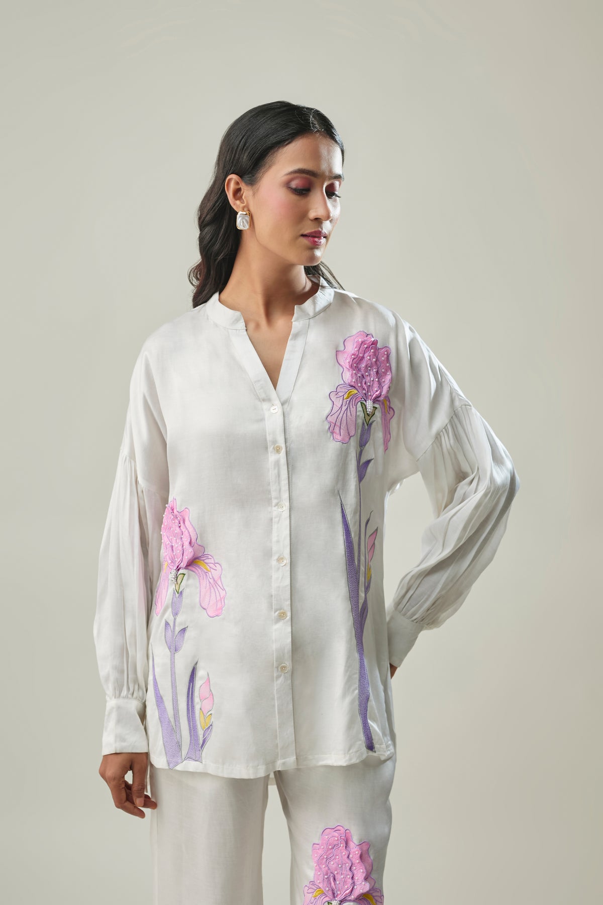 White Colour Satin Linen Co-Ord Set with 3D Flower Patch Embroidery