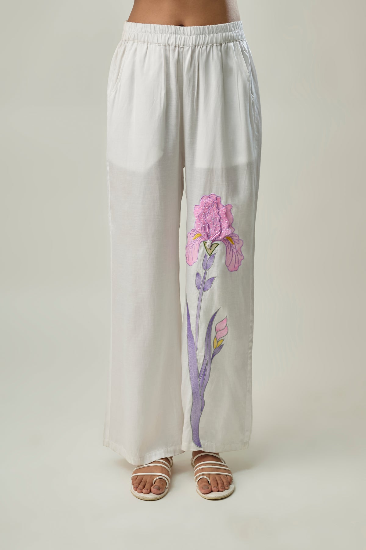 White Colour Satin Linen Co-Ord Set with 3D Flower Patch Embroidery