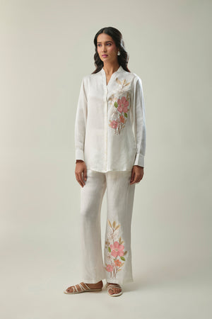 Off-White Satin Linen Co-ord Set with Peach Floral Embroidery