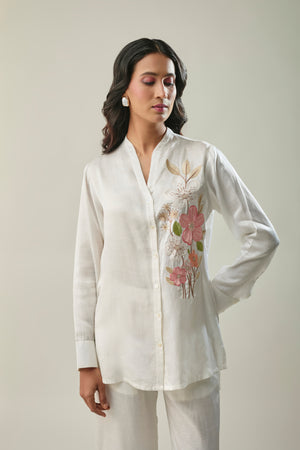 Off-White Satin Linen Co-ord Set with Peach Floral Embroidery