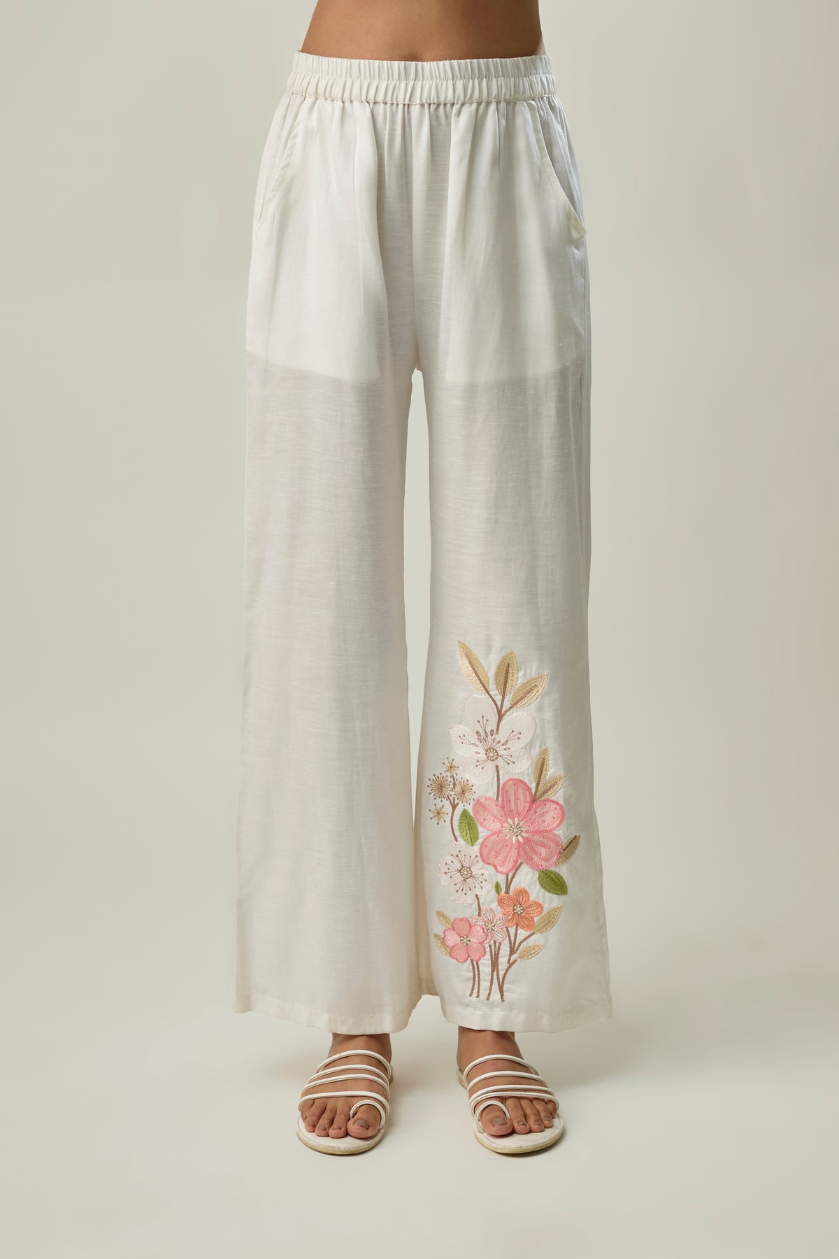 Off-White Satin Linen Co-ord Set with Peach Floral Embroidery