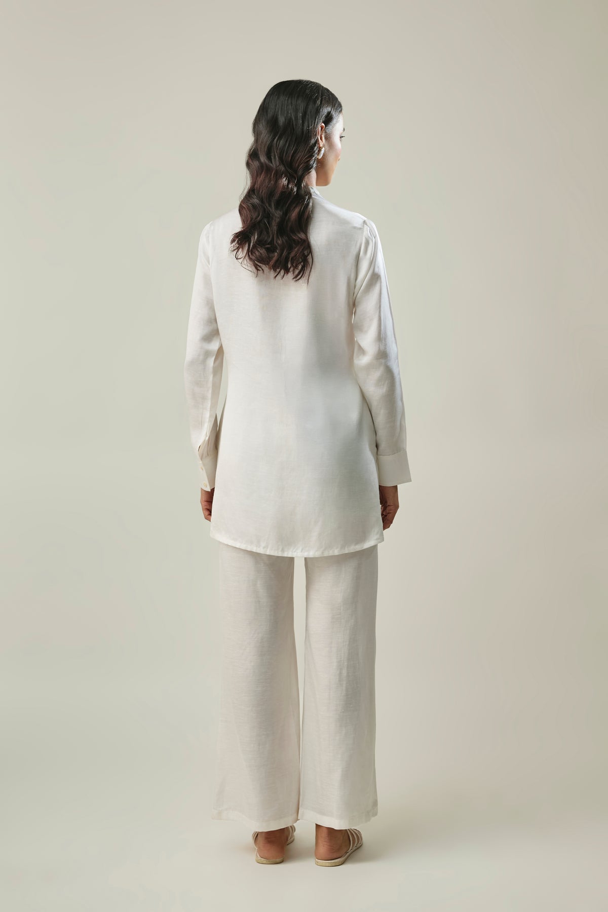 Off-White Satin Linen Co-ord Set with Peach Floral Embroidery