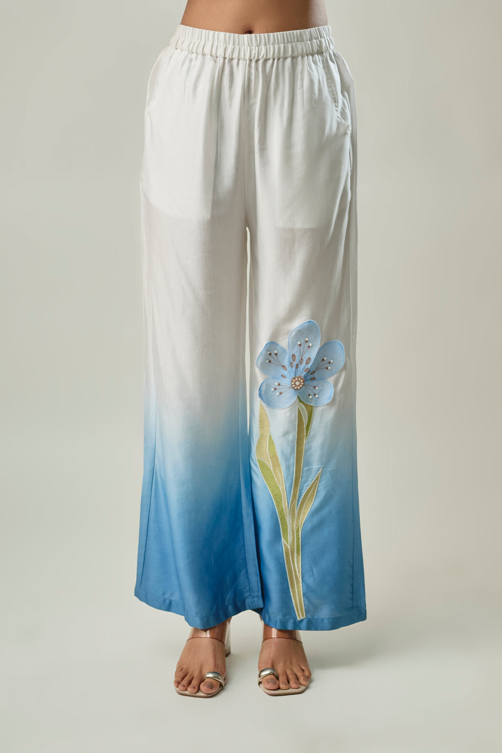 Ombre Blue Satin Linen Co-ord Set with 3D Floral Patch Embroidery