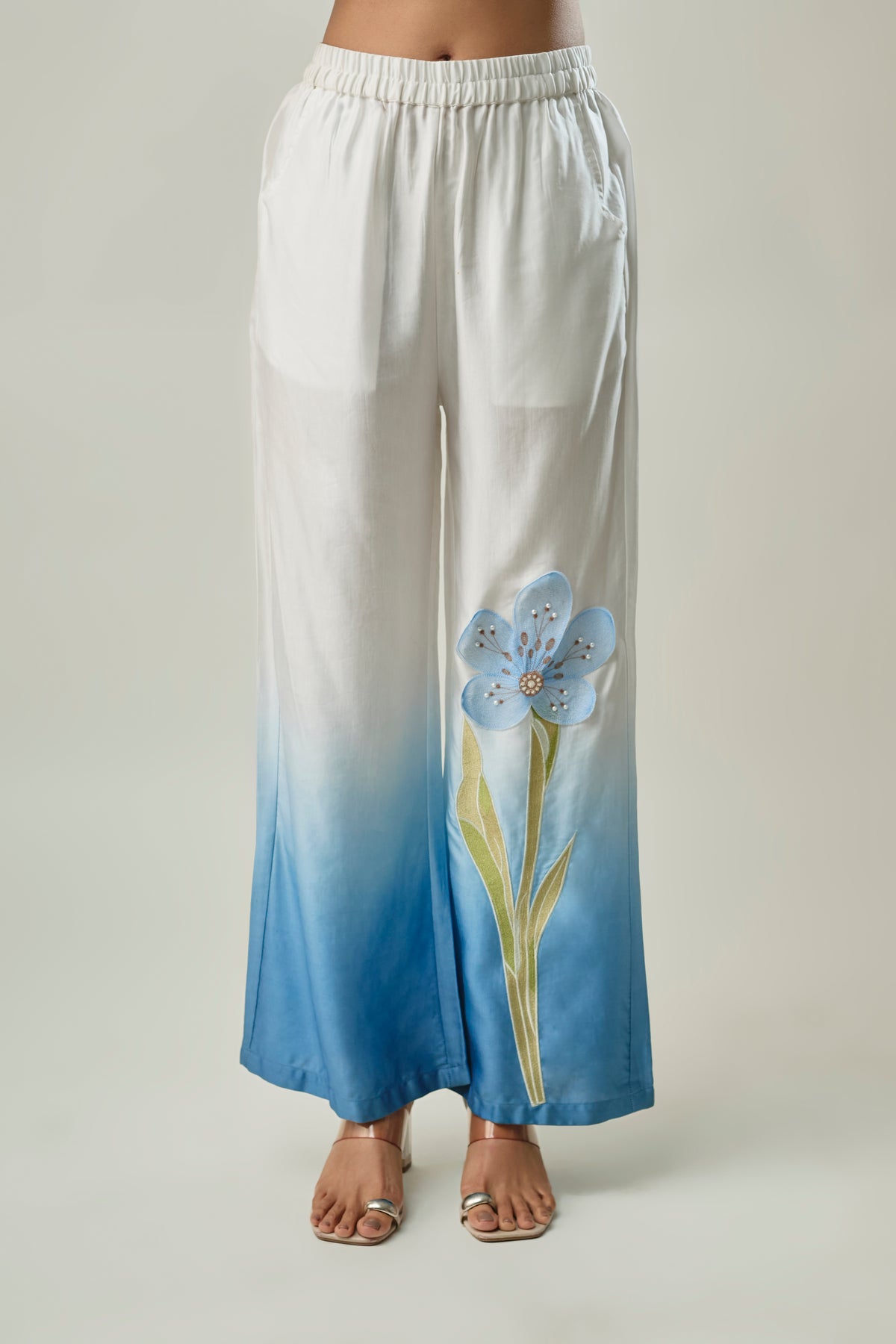 Ombre Blue Satin Linen Co-ord Set with 3D Floral Patch Embroidery
