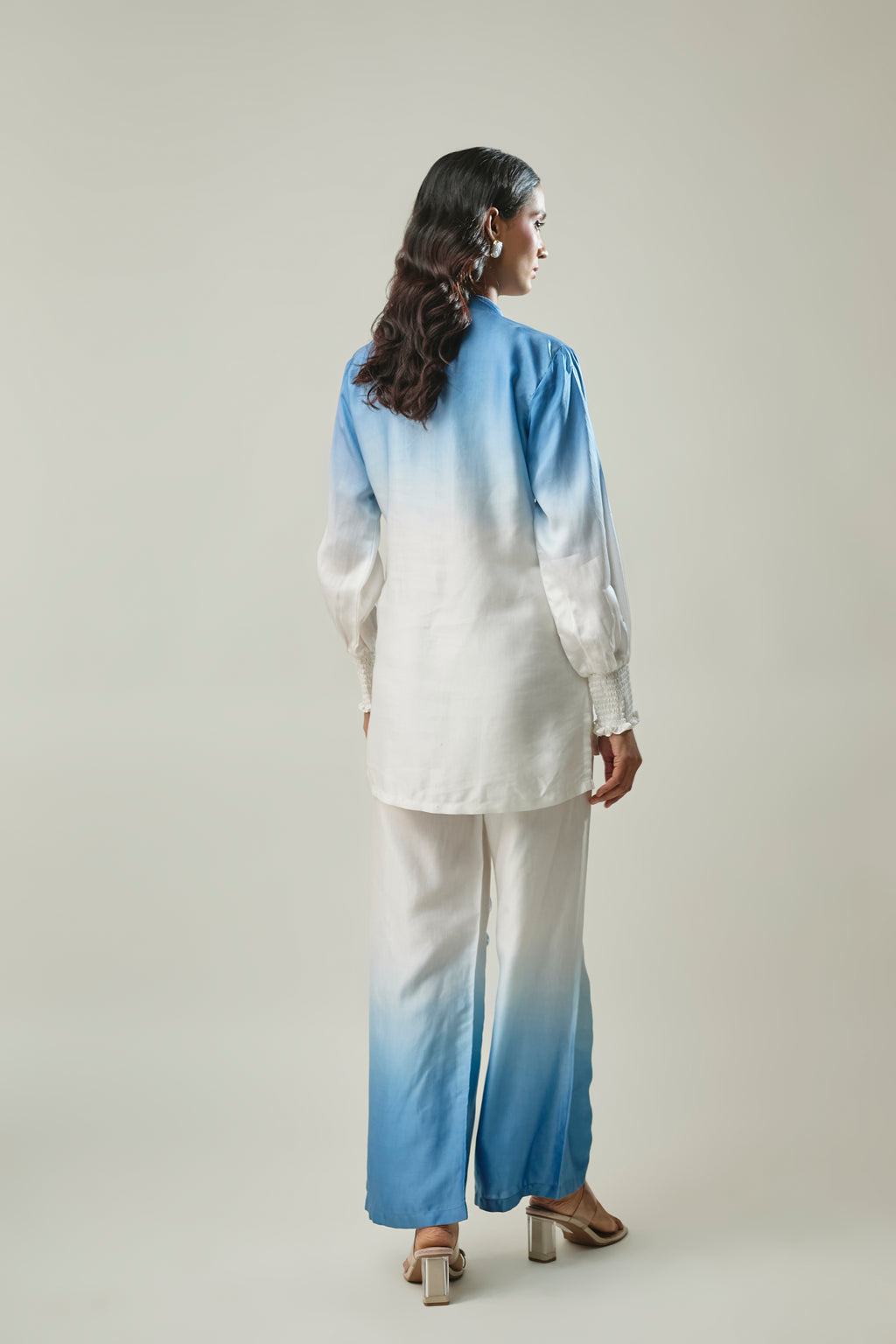 Model wearing blue ombre satin linen co-ord set