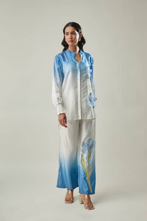 Blue Ombre satin linen co-ord set front view