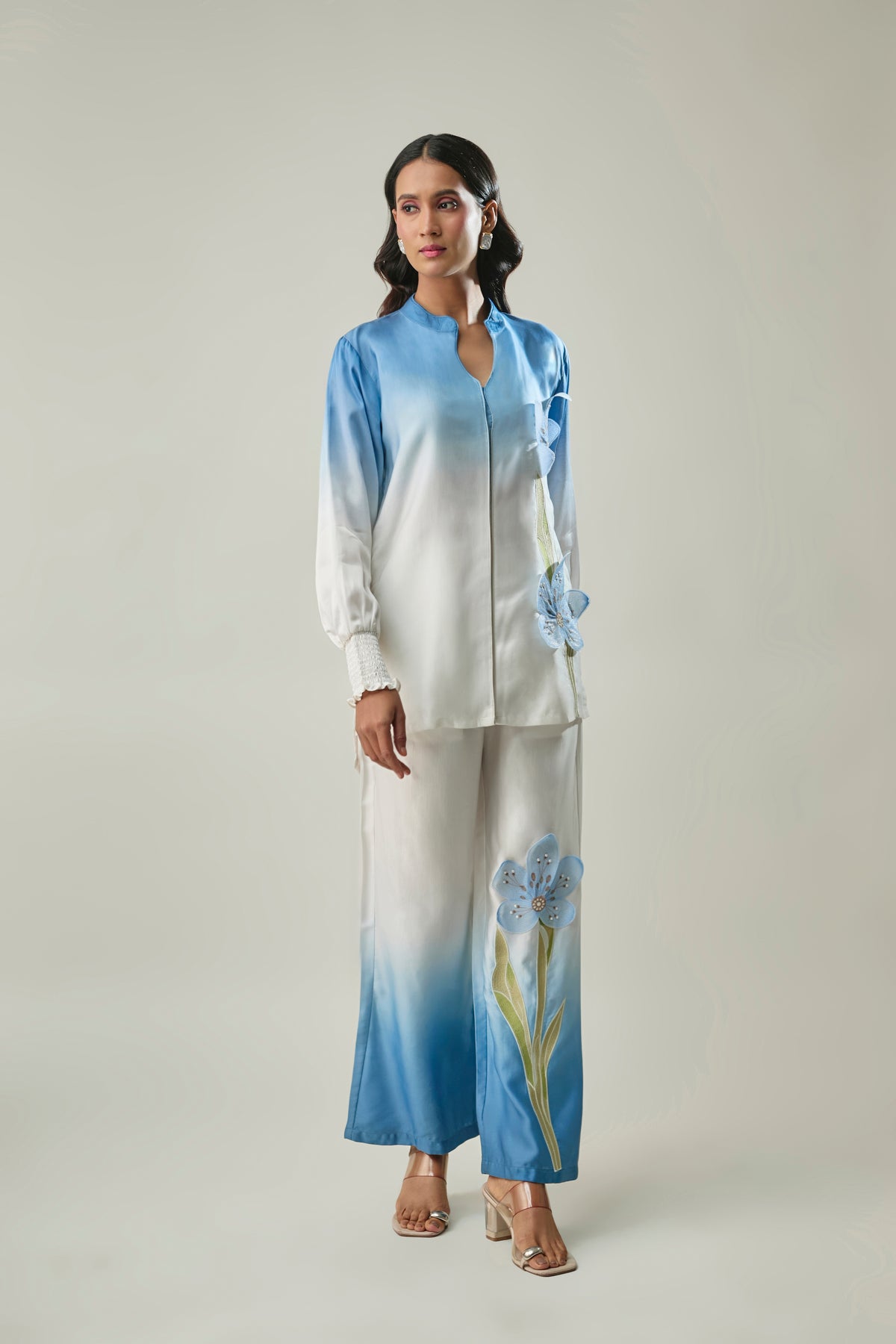 Ombre Blue Satin Linen Co-ord Set with 3D Floral Patch Embroidery