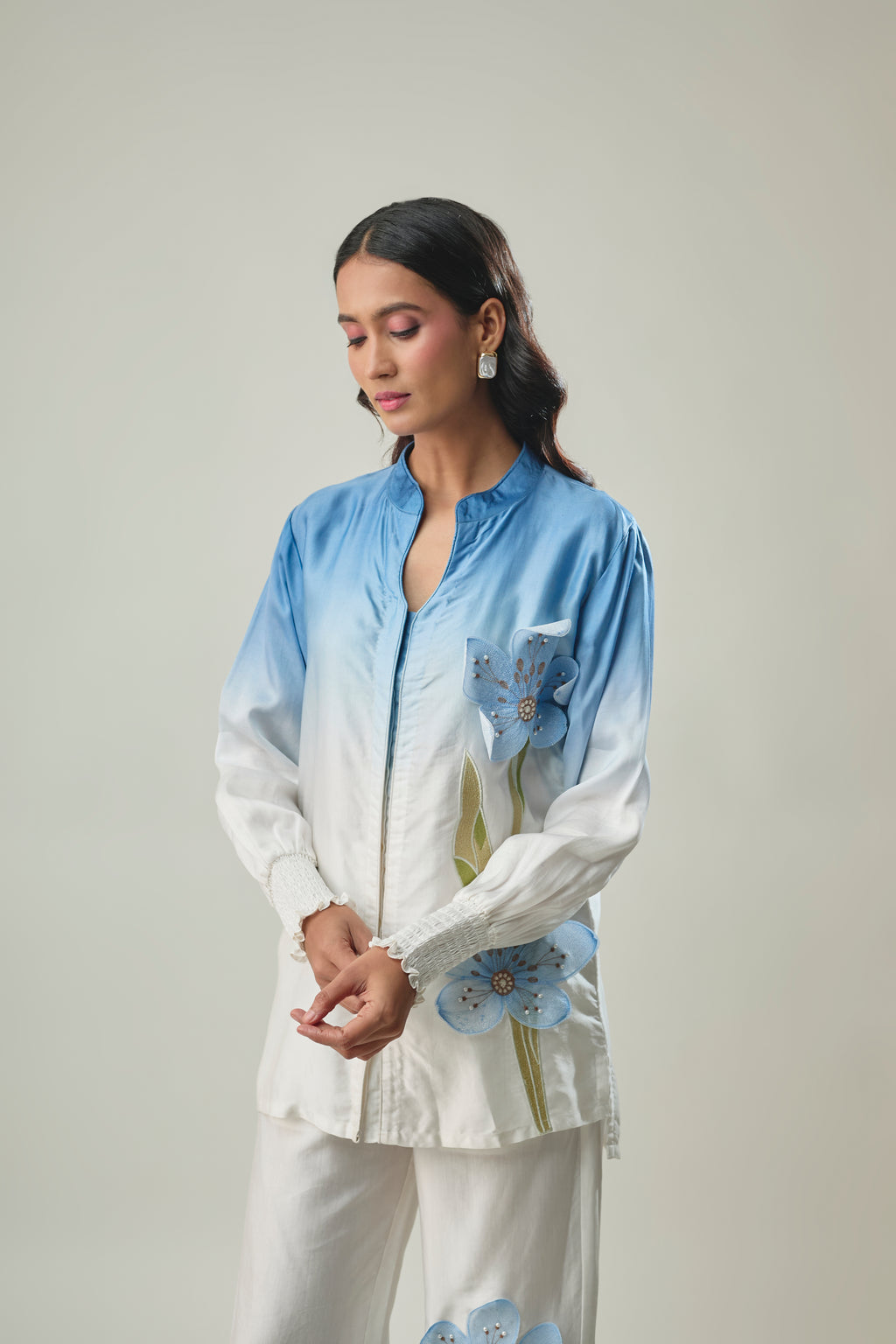 Blue Ombre co-ord set 3D floral patch embroidery detail