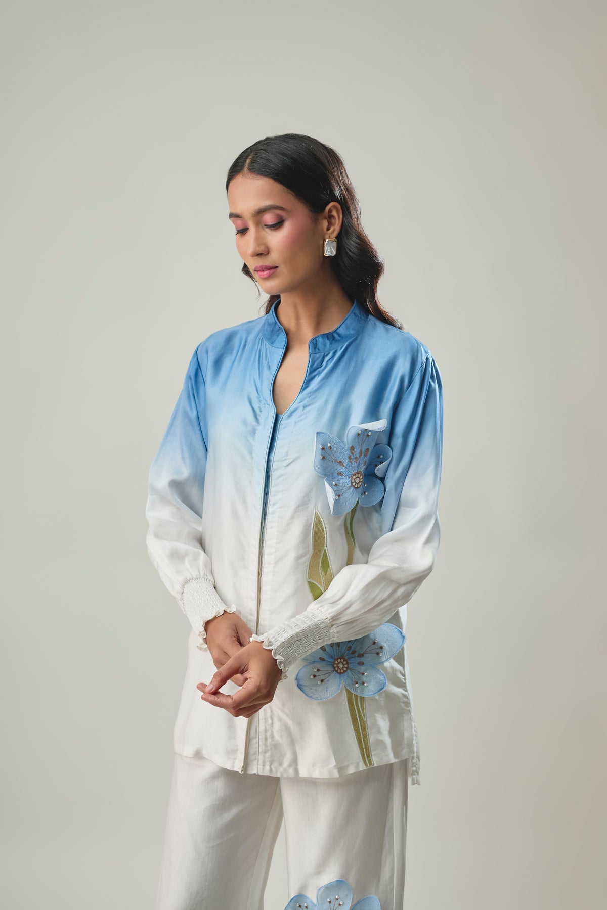 Blue Ombre co-ord set 3D floral patch embroidery detail