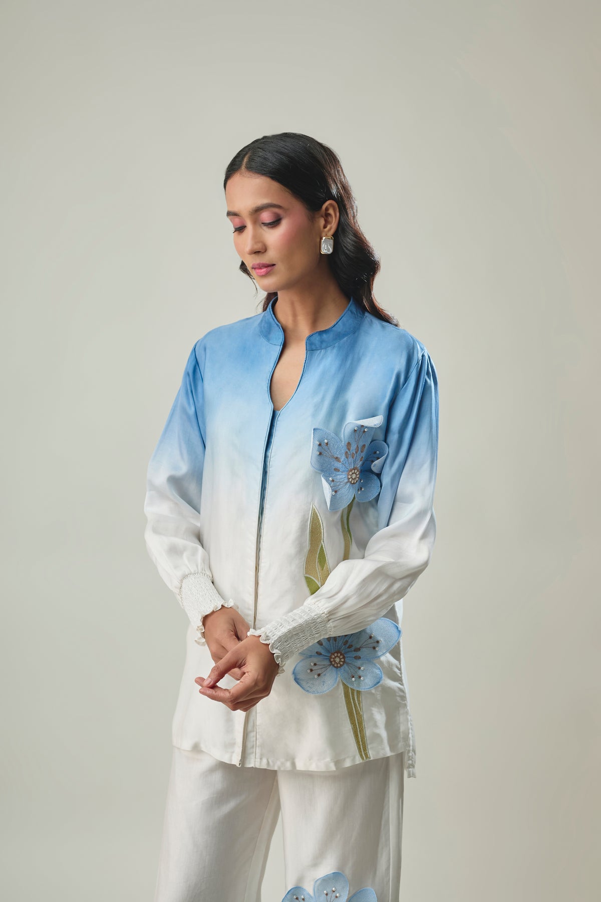 Ombre Blue Satin Linen Co-ord Set with 3D Floral Patch Embroidery