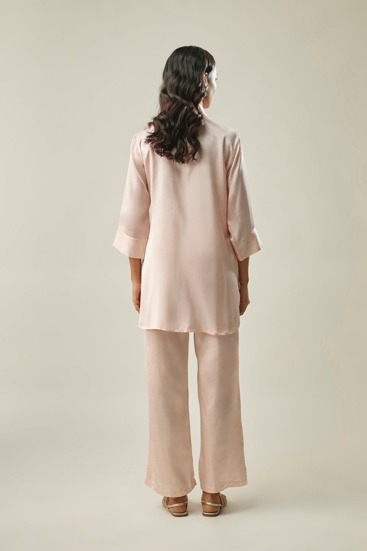 Peach Satin Linen Co-ord Set with Hibiscus Embroidery
