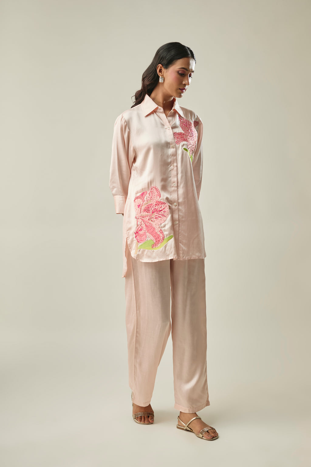 Peach satin linen co-ord set front view