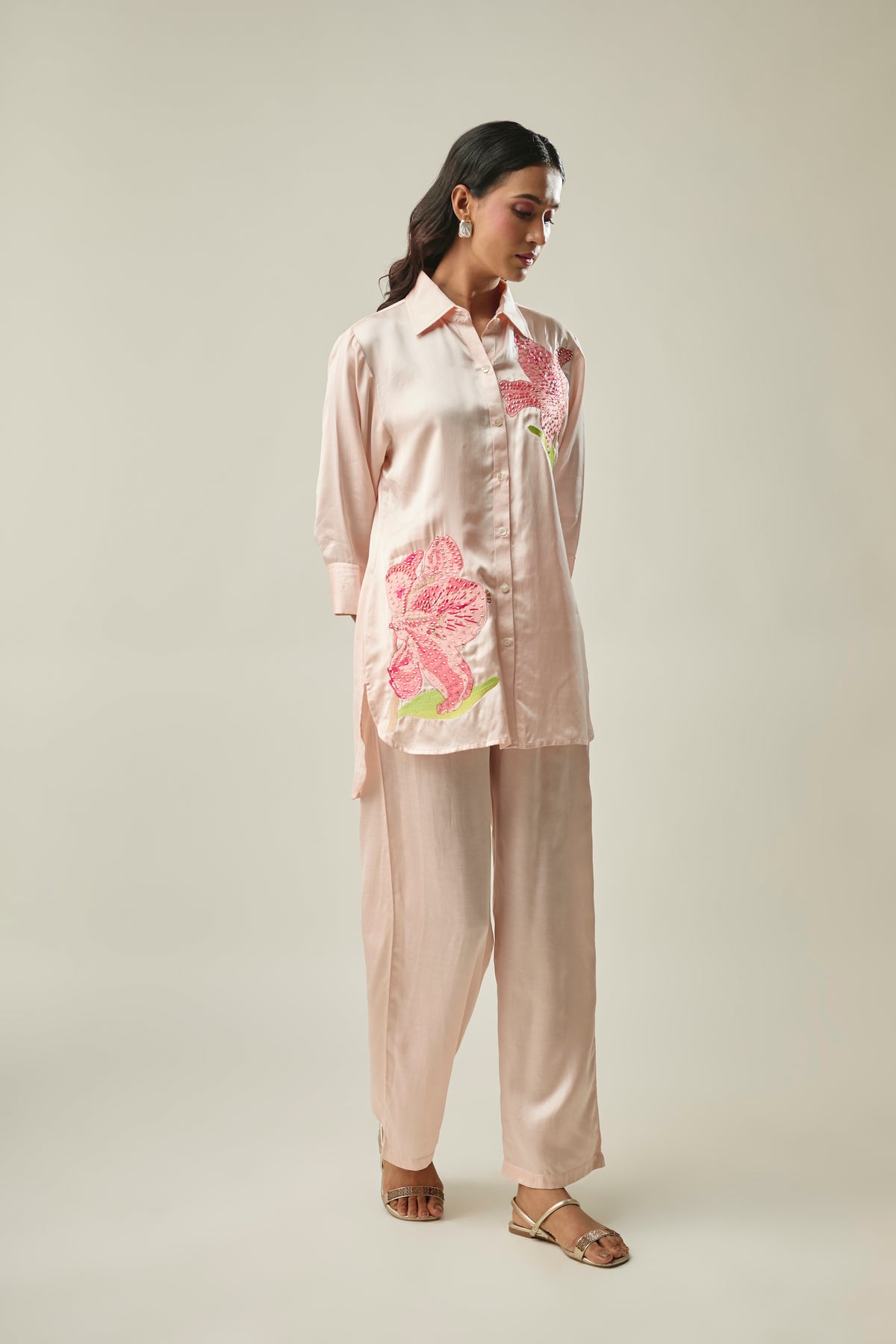 Peach satin linen co-ord set front view