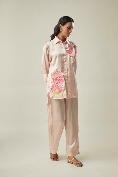 Peach satin linen co-ord set front view