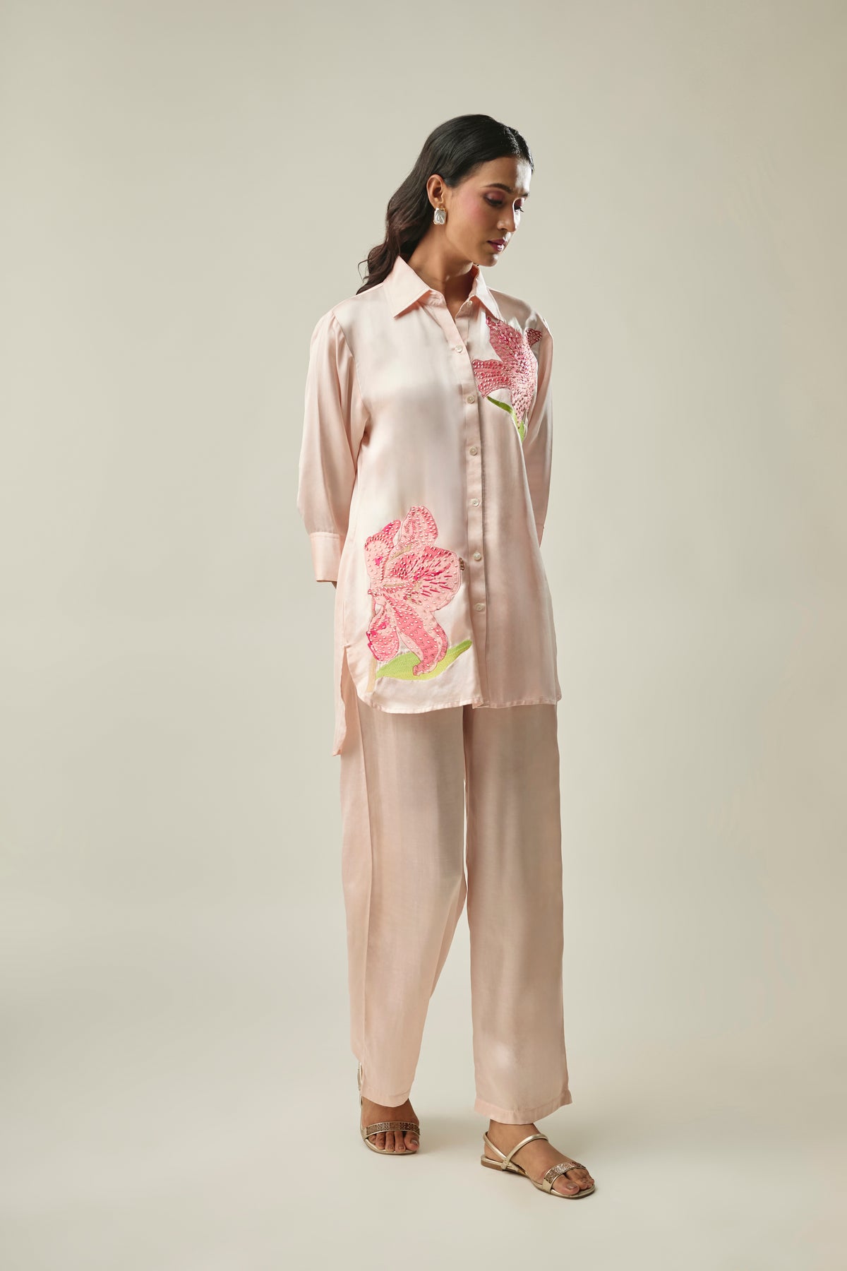 Peach Satin Linen Co-ord Set with Hibiscus Embroidery