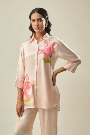 Peach Satin Linen Co-ord Set with Hibiscus Embroidery