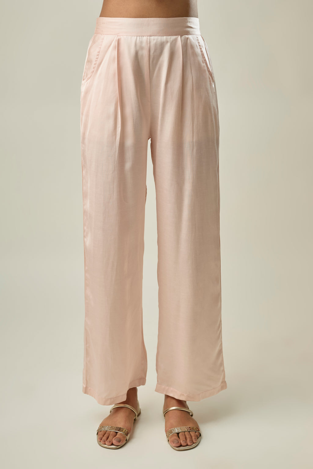 Peach Satin Linen Co-ord Set with Hibiscus Embroidery