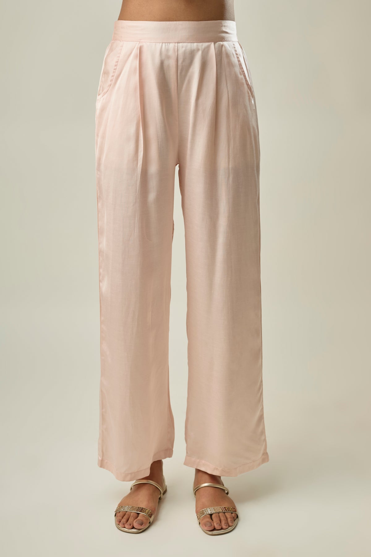 Peach Satin Linen Co-ord Set with Hibiscus Embroidery