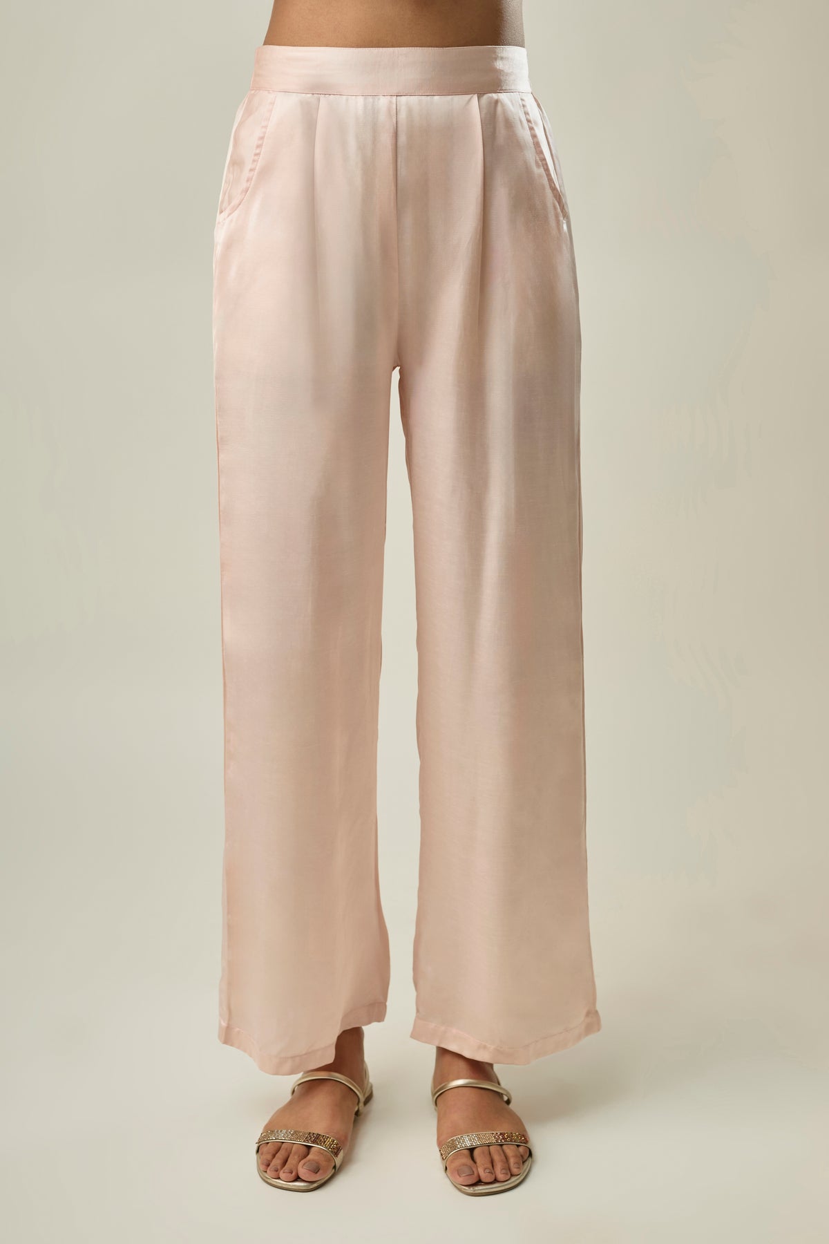 Peach Satin Linen Co-ord Set with Hibiscus Embroidery
