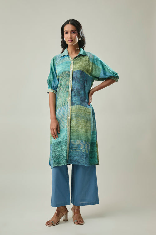 Ocean Blue Satin Linen Co-ord Set with Abstract Print