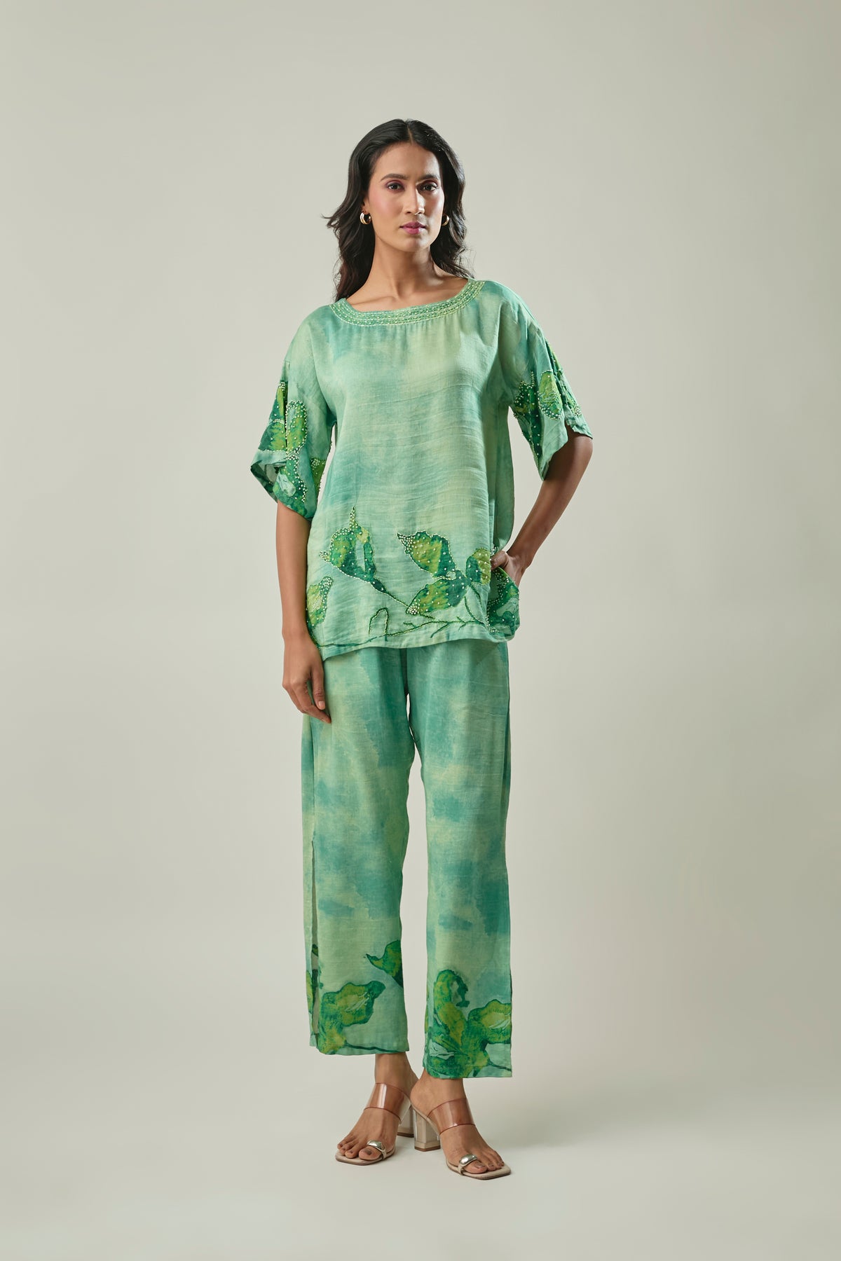 Green satin linen co-ord set front view