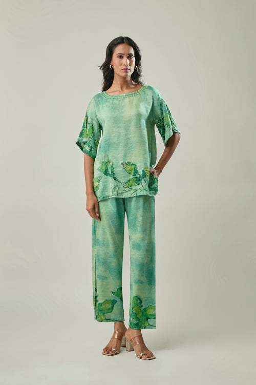 Green Floral Printed Satin Linen Co-ord Set with Sugar Bead Embroidery