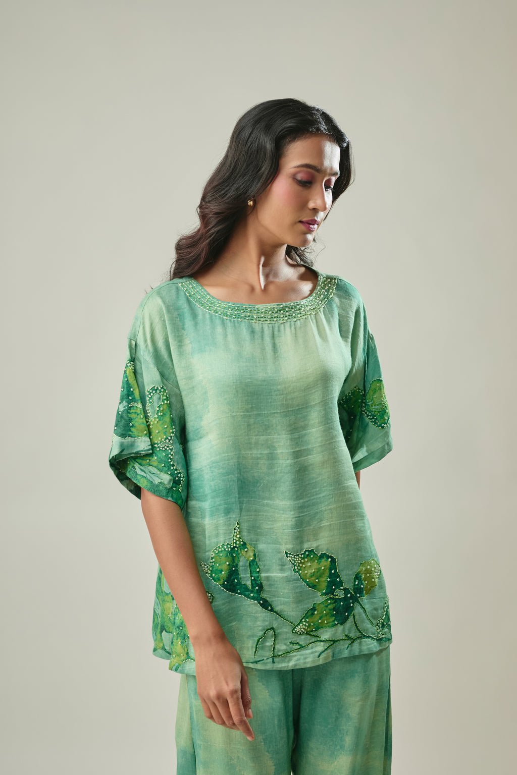 Green co-ord set floral print with sugar-bead embroidery detail